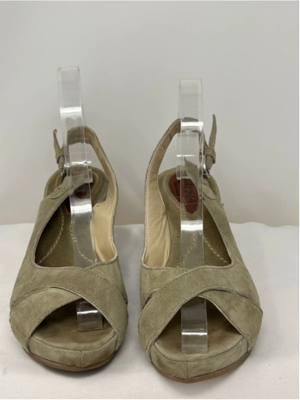 Khrio Olive Suede Leather Peep Toe Wedge Sandals Size 37